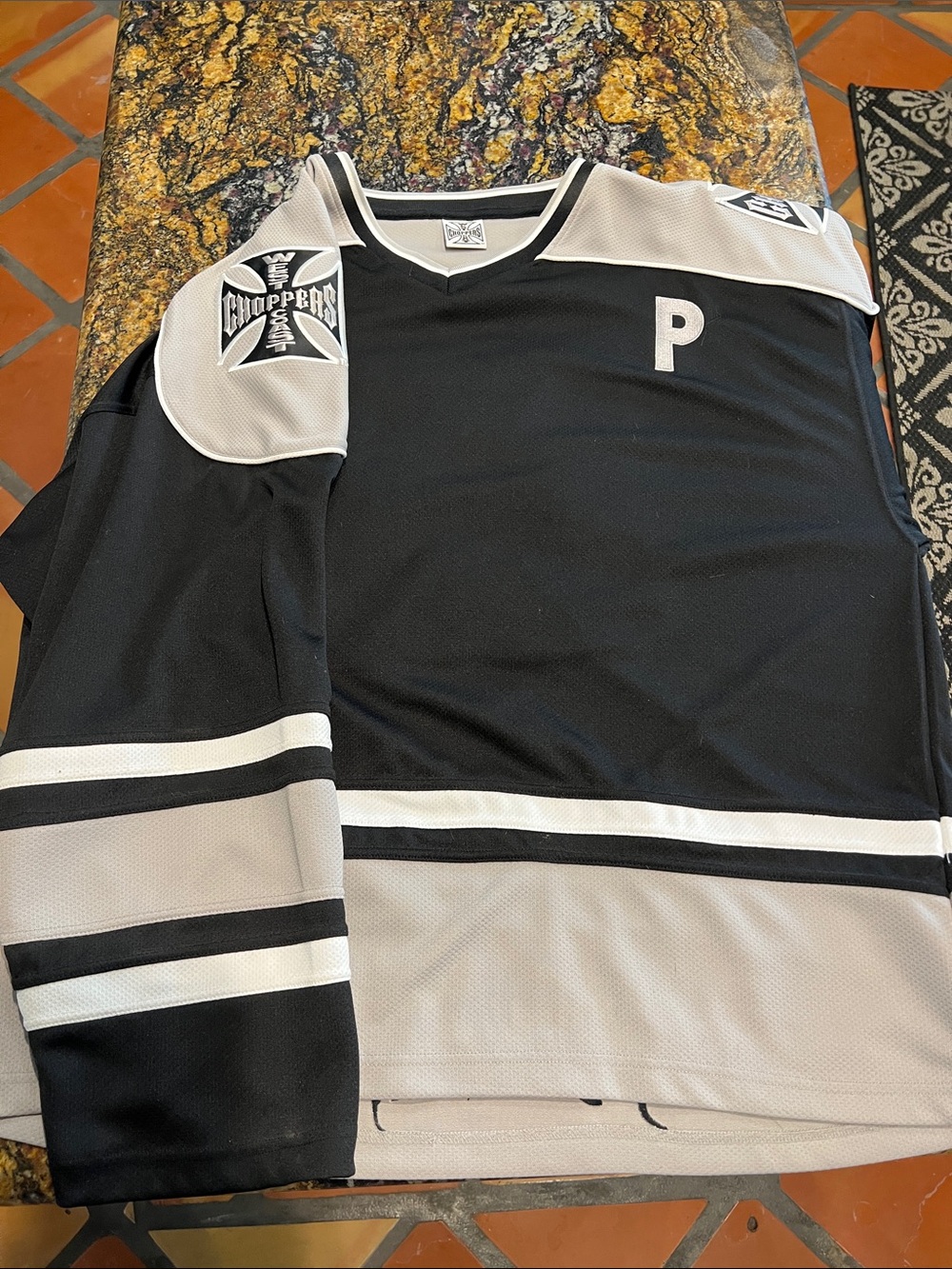 P Logo Black and Gray Hockey-Style Jersey